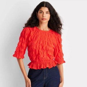 Women's Red Elbow Sleeve Ruffle Textured Top - Future Collective Size M NWT